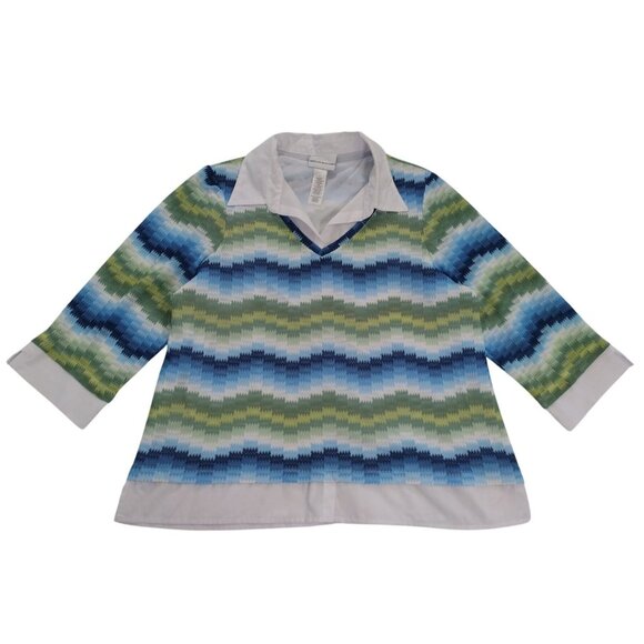 Alfred Dunner Knit Top Womens L Multicolor Chevron Patter Collared Layered Look - Picture 1 of 7